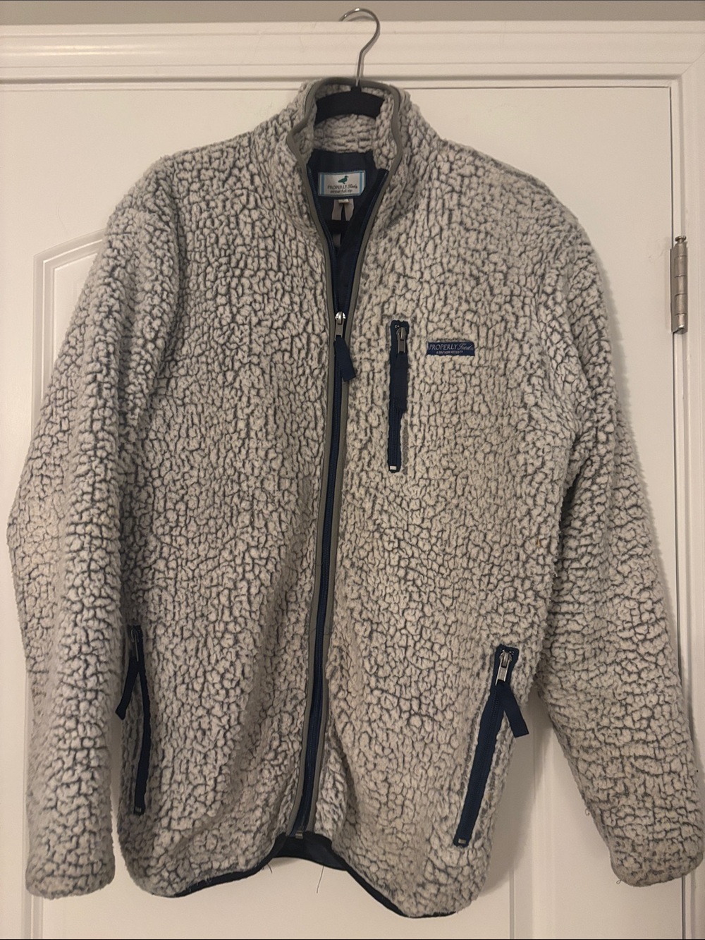 Men's Cream Sherpa Zip-Up Jacket with Navy Trim